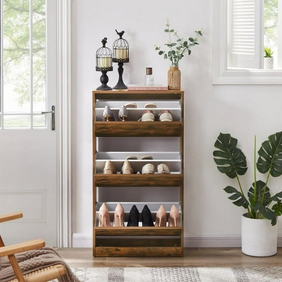 Three-Tier Wooden Shoe Cabinet For Storing 18-20 Pairs Of Shoes-Grey