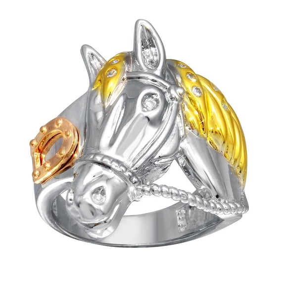 Three-Tone 925 Gold Plated Sterling Silver Clear Cubic Zirconia Rope Horse Ring White Female Size 12