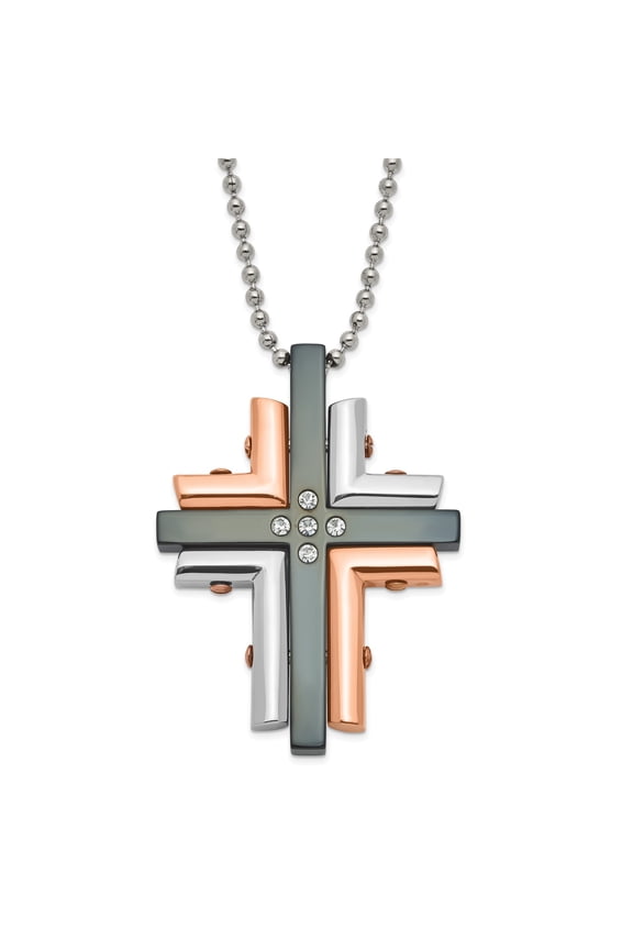 Stainless Steel Three-Tone Interlocking Cross CZ Pendant Necklace, 22 in Ball Chain, Unisex