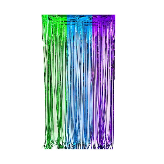 Three-Tone Metallic Foil Fringe Curtain for Birthday Party Wedding and Photo Booth Backdrop Decoration 6.5 Foot Green Blue Silver