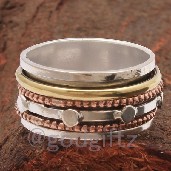 Three Tone Spinner Ring, 925 Solid Silver Ring, Beautiful Ring, Meditation Ring, Worry Ring, Boho Ring, Fidget Ring, Birthday Gift For Her