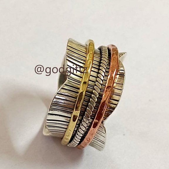 Three Tone Spinner Ring - 925 Sterling Silver Spinner Ring -For Women Spinner Ring - Meditation Ring - Handmade Spinner Ring - Spinning Ring