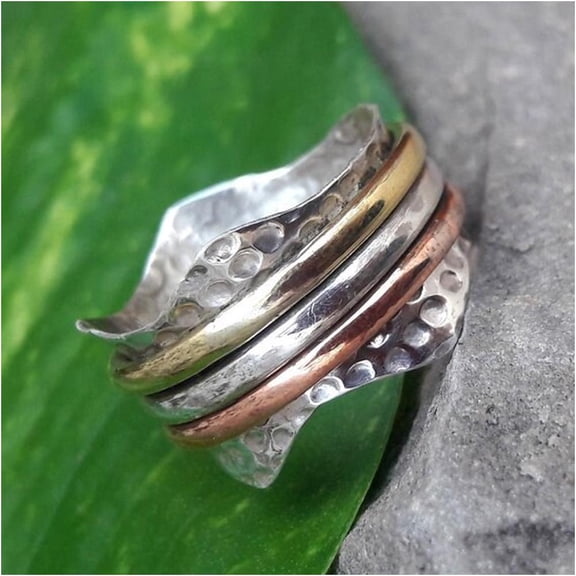 Three Tone Sterling Silver Spinner Ring: 14k Gold Plated Handmade Jewelry