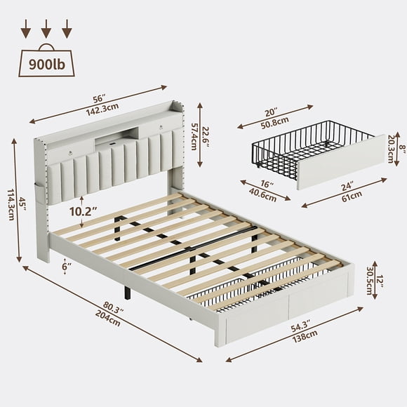 Three-Tone Upholstered Bed Frame with Four Storage Drawers and USB Charging Station in Full, Queen, and King Sizes, Designed for Quiet Use
