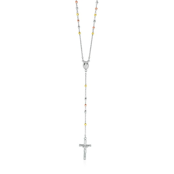 Three Toned Rosary Chain and Bead Necklace in Sterling Silver 26 in