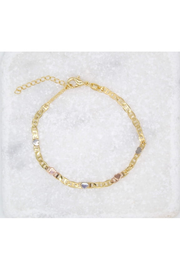 Three Tones 3mm Heart Flat Mariner Chain Bracelet (I121)