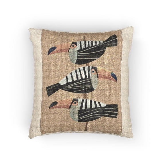 Three Toucans Tan and Black Woven Pillow, Geometric Tropical Bird Art