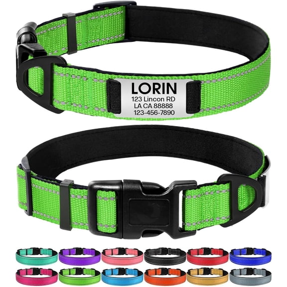 Three Tree Personalized Dog Collars with Engraved Name Plate, Silent No Jingle Custom Nylon Collar with Fixed ID Tag, Reflective Soft Neoprene Padded Breathable