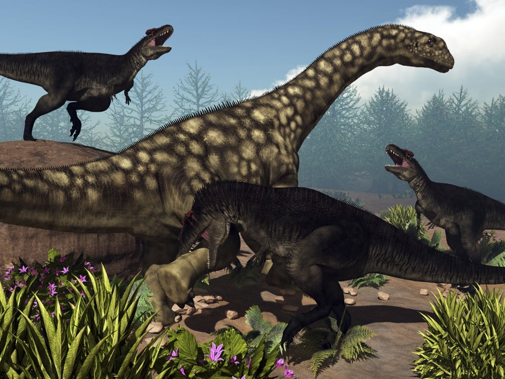 Three Tyrannotitans attacking an Argentinosaurus dinosaur Canvas Art - Elena DuvernayStocktrek Images (32 x 24)