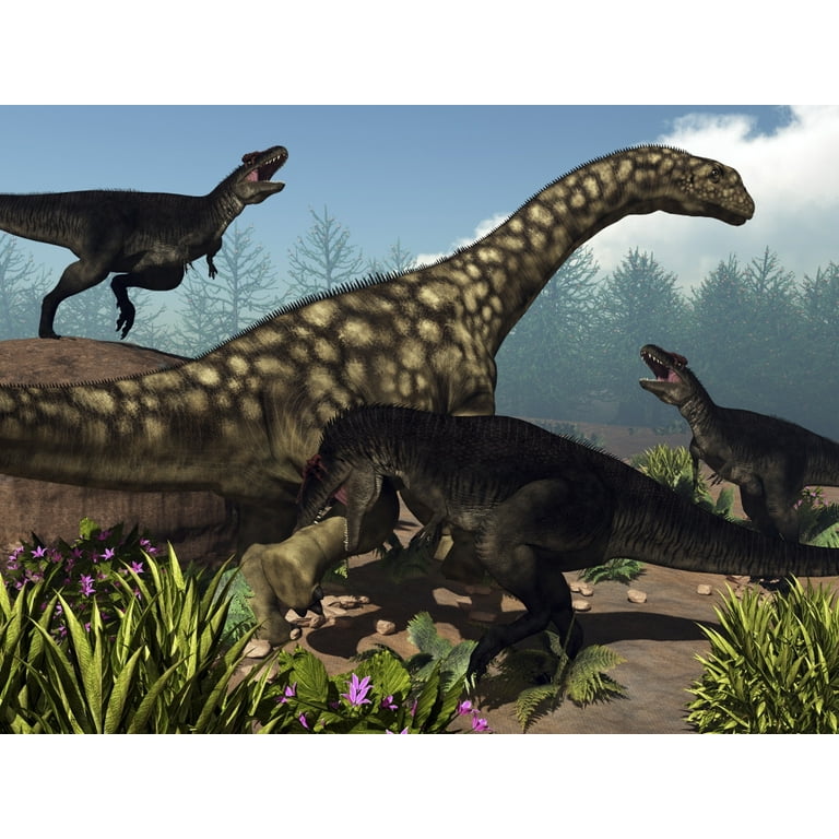 Three Tyrannotitans Attacking An Argentinosaurus Dinosaur Poster Print