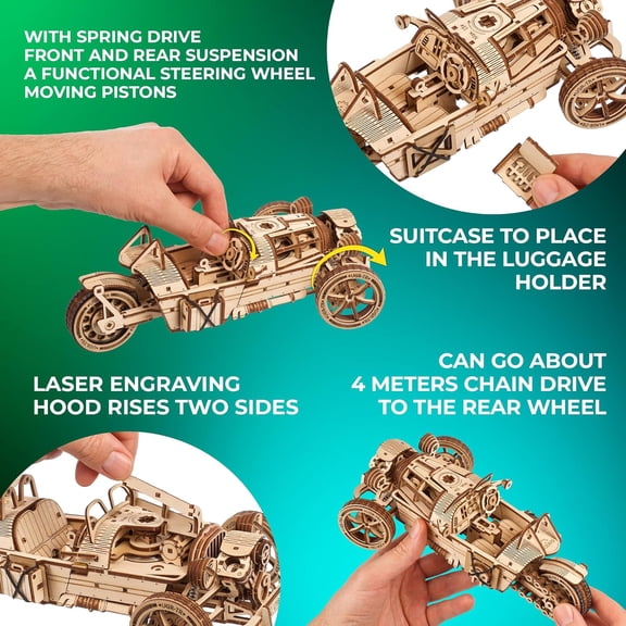 Three- UGR-S Motorcycle Model Wooden 3D Puzzles for Adults - Wooden Model Kits for Adults Motorcycle Gifts for Men Kit with Spring Motor, Functional Steering Chain Drive  Model