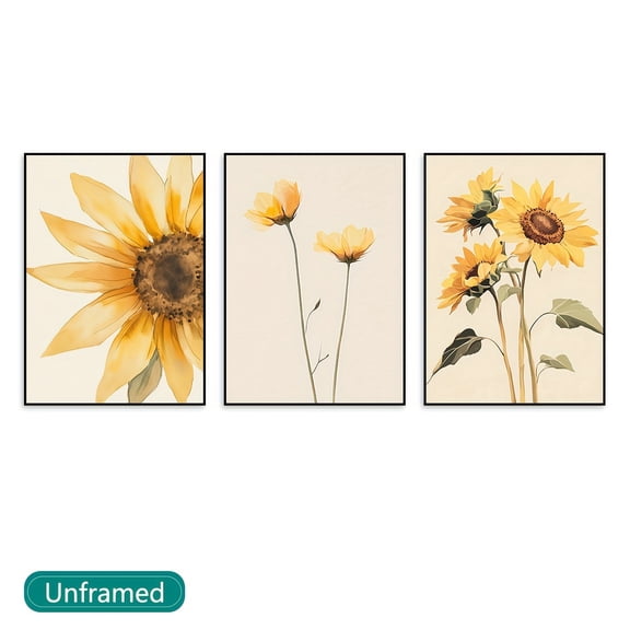 Three Unframed Fashionable 3pcs Sunflower Watercolor Canvas Print Set - Unframed, Vintage Style Wall Art, Suitable for Living Room, Bedroom, Home Office Decoration - Unframe