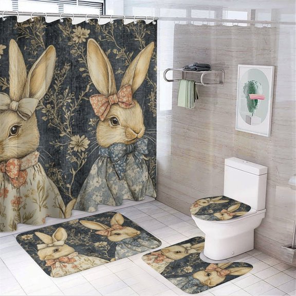 Three Vintage Bunnies Shower Curtain 4 Piece Sets Shower Curtain Set with Rugs Bow Rabbit Waterproof Fabric Bath Curtains for Bathtub Decor