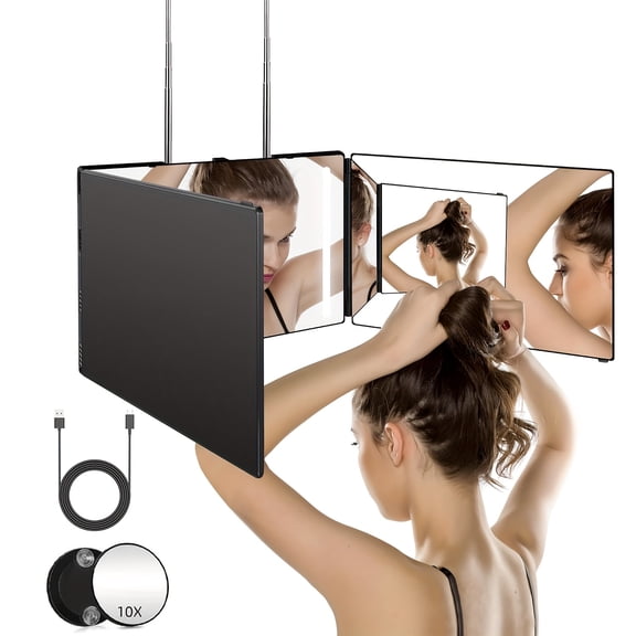 Three-Way Mirror with Adjustable LED Light, Perfect for Shaving, Grooming, Hair Styling, Dyeing, Makeup, And Braiding. Rechargeable Via USB