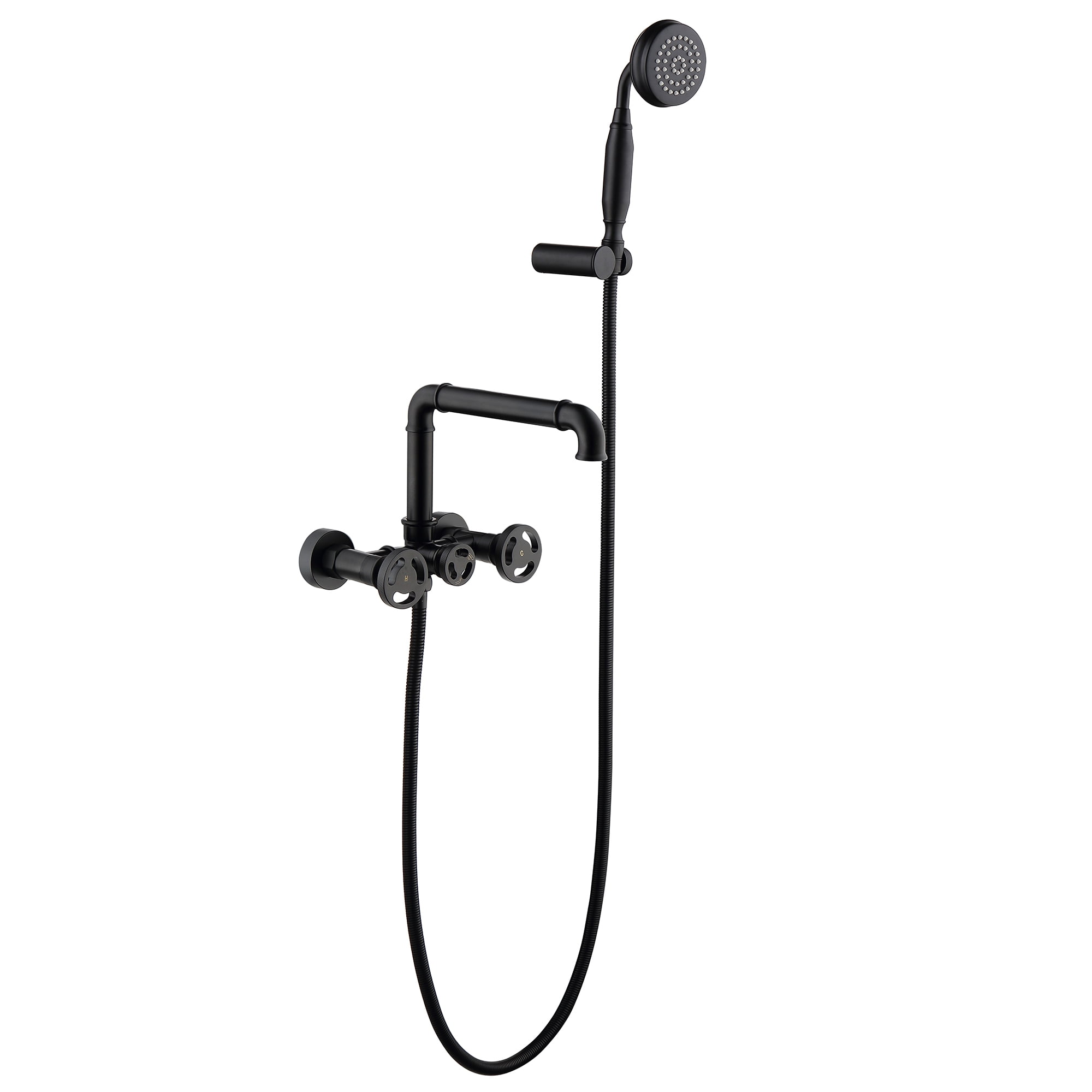 Three Wheel Handle Industrial Pipe Wall Mounted Bathtub Filler Faucet with Hand-held Shower