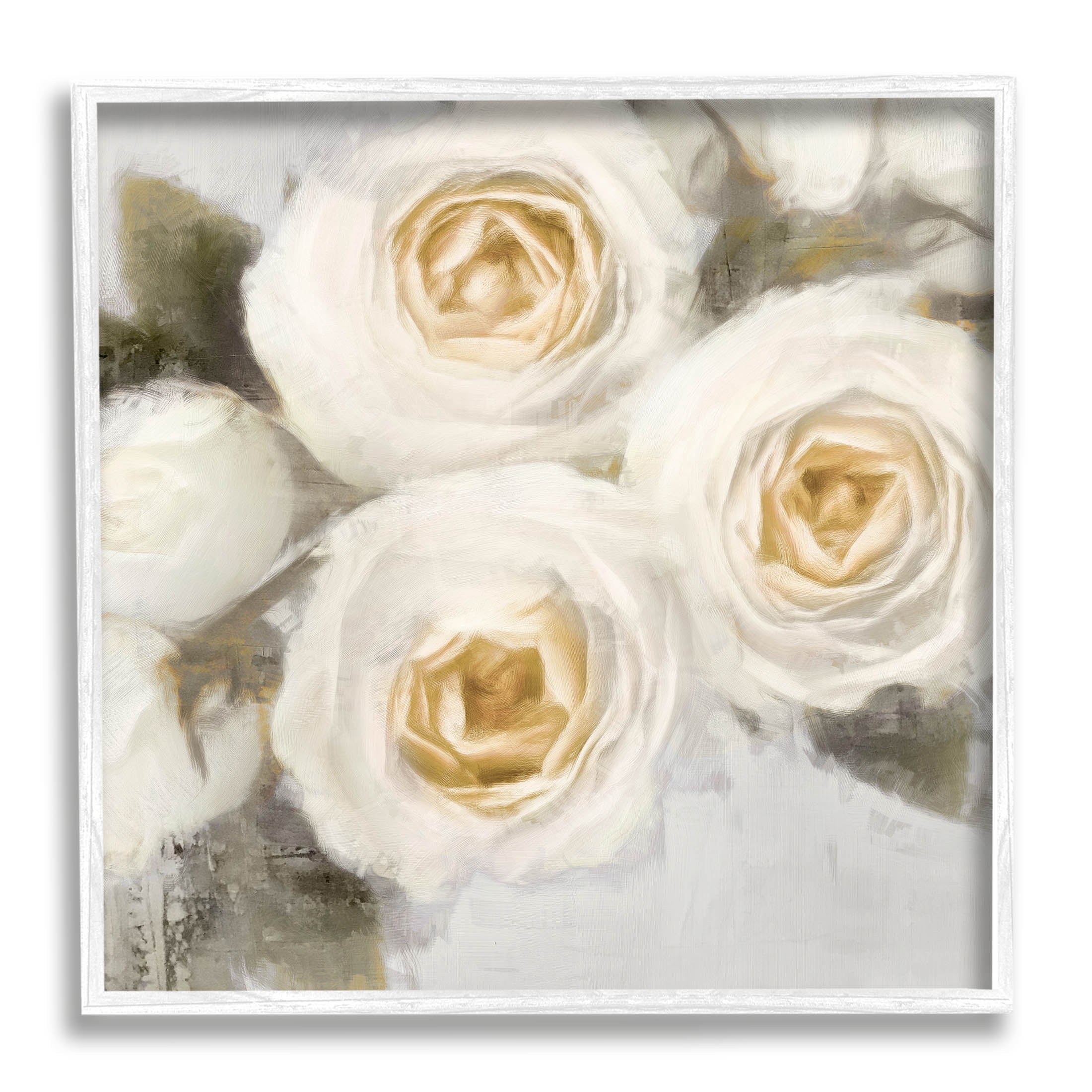 Three White Roses Trio Blossoms Botanical & Floral Graphic Art White Framed Art Print Wall Art