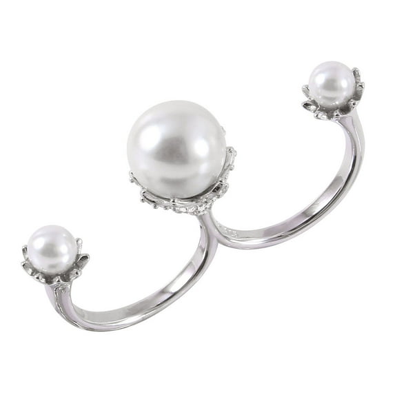 Three White Synthetic Pearls Two Finger Open Ring Rhodium Plated Sterling Silver Size 7