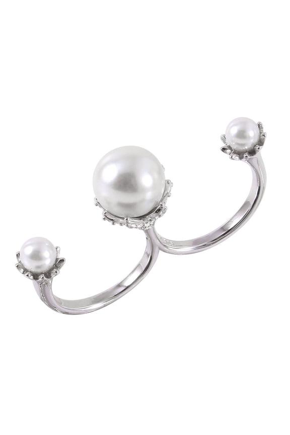 Three White Synthetic Pearls Two Finger Open Ring Rhodium Plated Sterling Silver Size 7