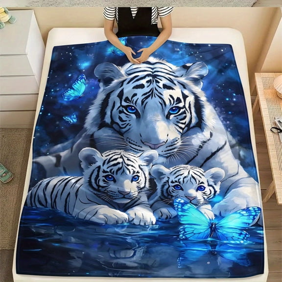 Three White Tiger Pattern Printed Blanket Warm Comfortable and Soft Suitable for Sofa Bed Car Office Camping and Travel. A Gift Blanket Suitable for All Seasons