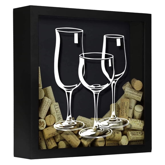 Torched Three Wine Glasses Wine Shadow Box Hanging Decor 13"x13"x3.5" Black