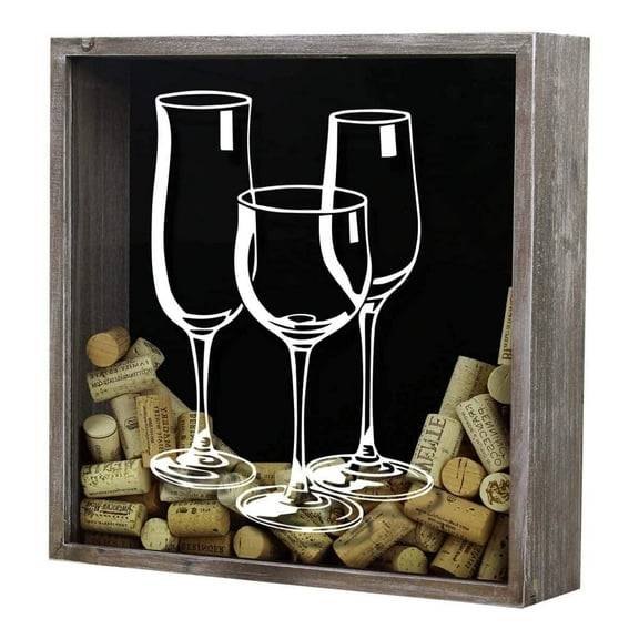 Torched Three Wine Glasses Wine Cork Shadow Box 14"x14"x5"  Wall Mount Decor 13"x13"x3" Gray