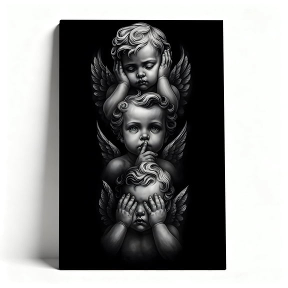 Three Wise Cherubs Canvas Wall Art, Hear No Evil See No Evil Speak No Evil Angels, Gothic Black And White Artwork For Bedroom, Living Room, Office, Ready To Hang 16*24inch(40*60cm)