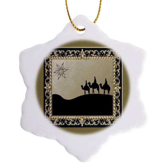 3drose, Three Wise Men, Black and Gold, 3 inch Snowflake Porcelain Ornament