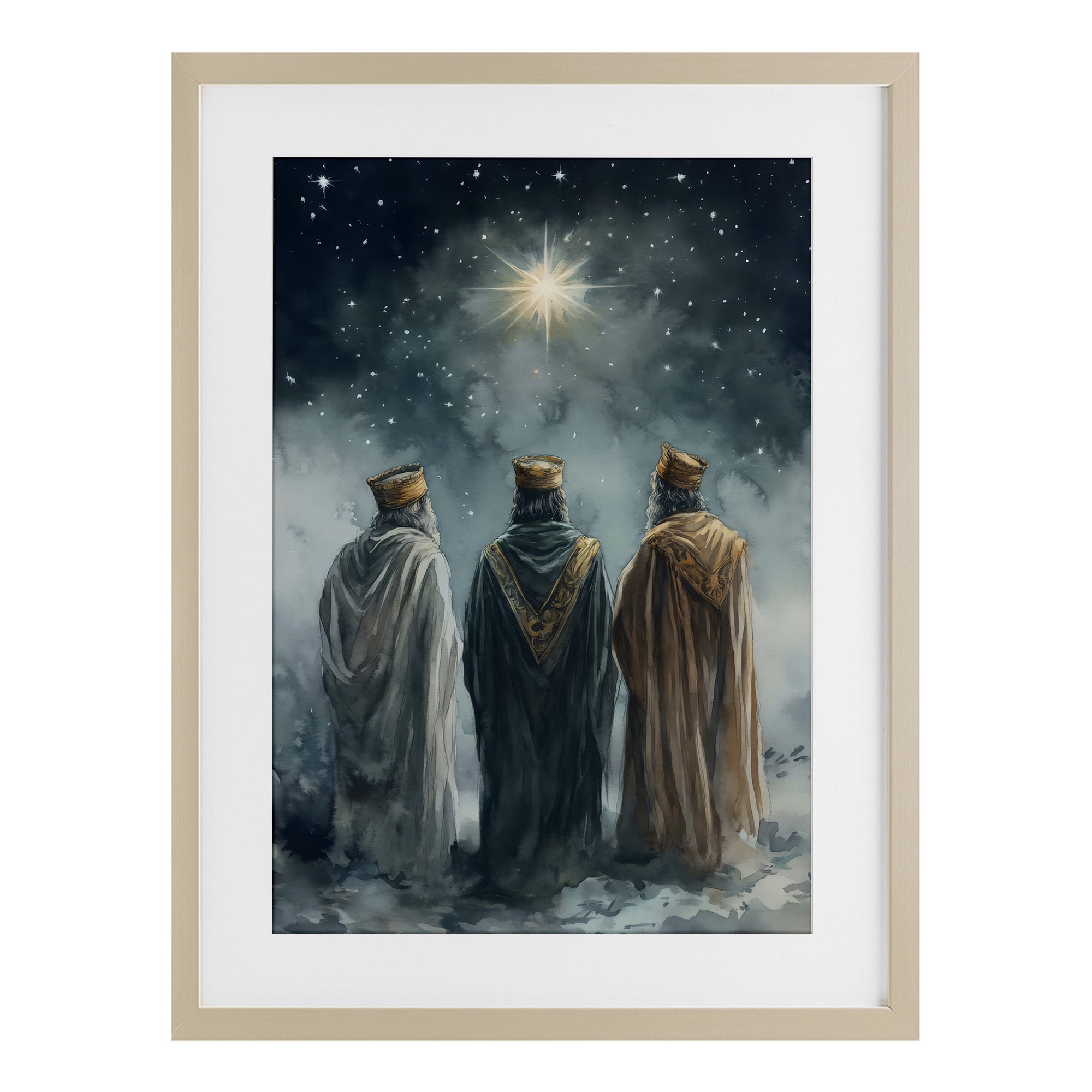 Three Wise Men & North Star Birch Framed Print Under Glass, design by Petal Prints Design