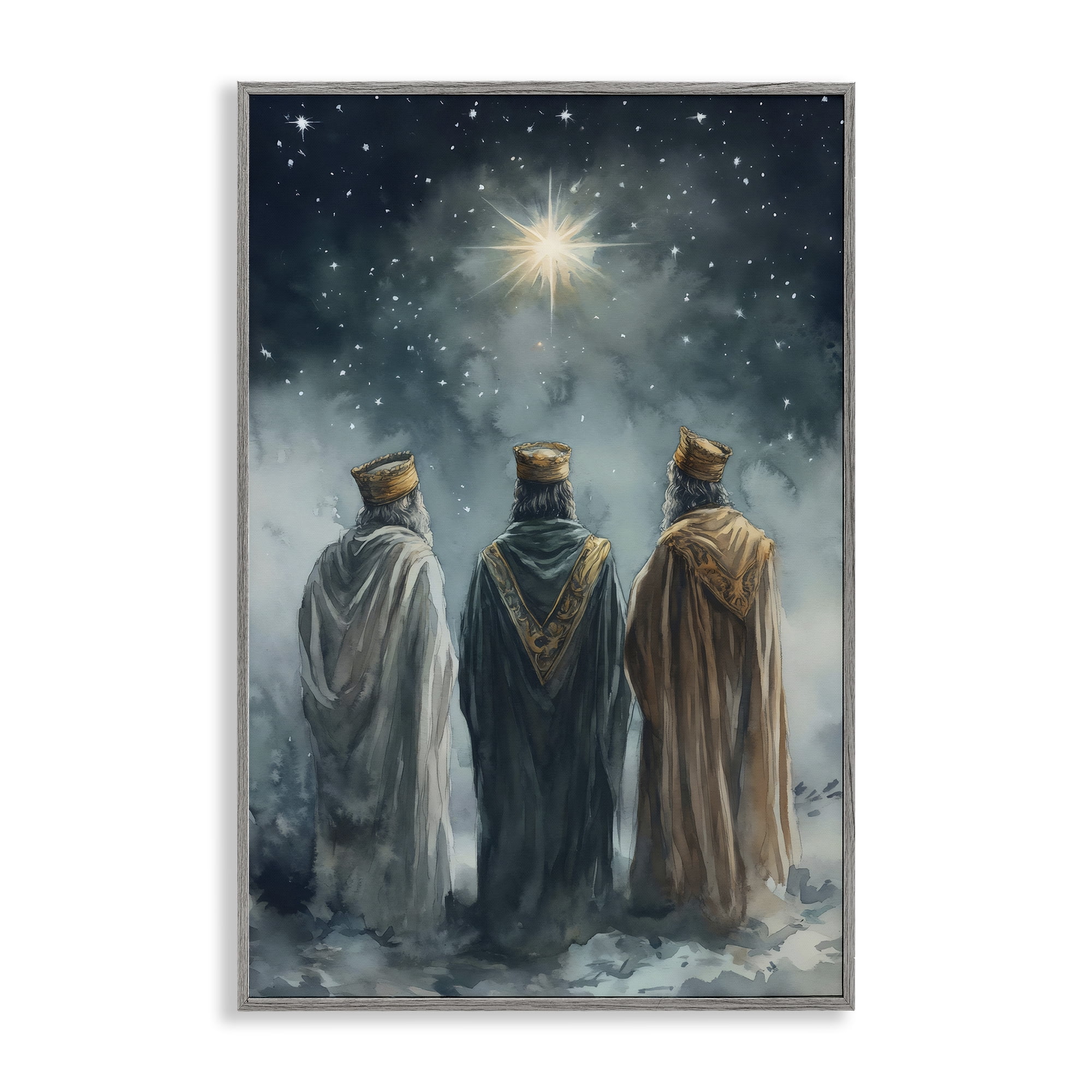 Three Wise Men & North Star Gray Framed Giclee Art, design by Petal Prints Design