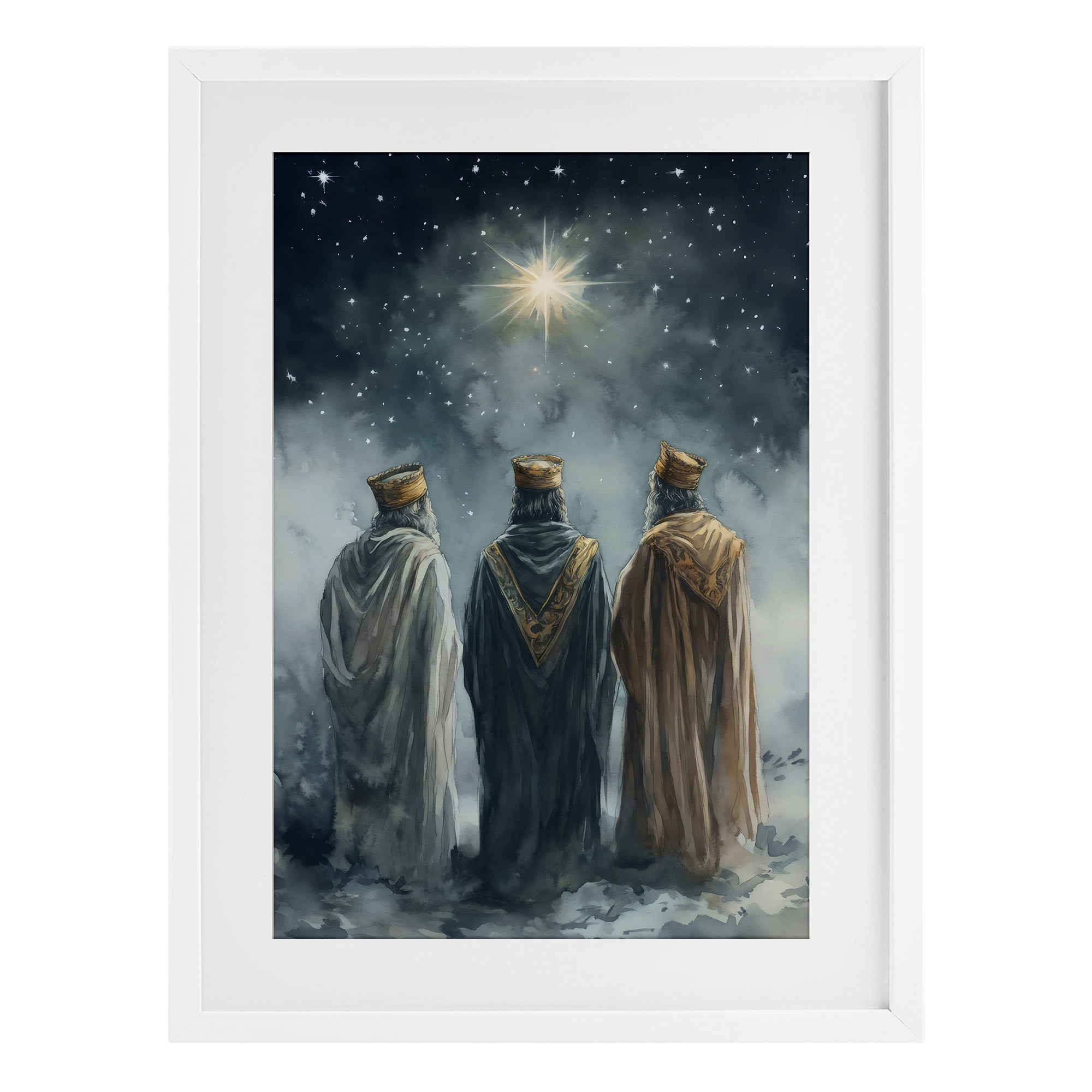 Three Wise Men & North Star White Framed Print Under Glass, design by Petal Prints Design