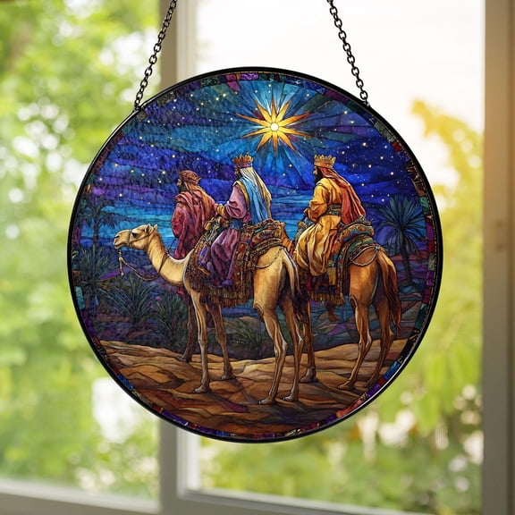 Three Wise Men Stained Glass Suncatcher Nativity Christmas Window Hanging Epiphany Star Glass Panel Religious Holiday Home Decor