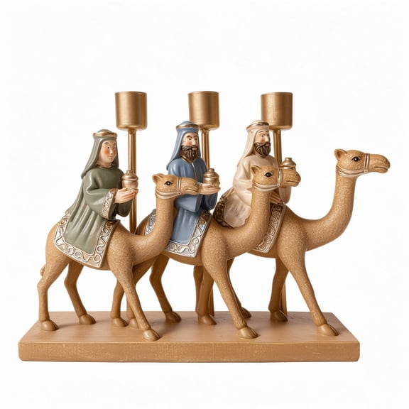 Three Wise Men on Camels Candle Holder, Resin Nativity Figurine Candelabra, Religious Christmas Tabletop Decoration for Home Holiday Display