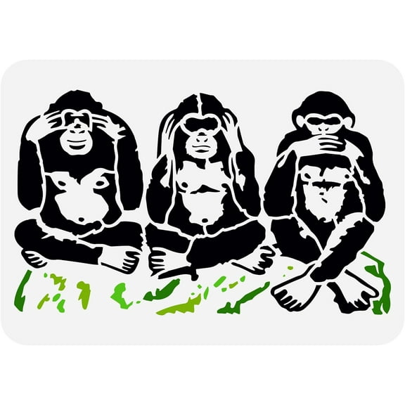 Three Wise Monkeys Stencil 11.7x8.3inch Reusable Thinking Monkey Painting Pattern Animal Themes Drawing Template for Wood Wall Furniture DIY Home Decor for DIY