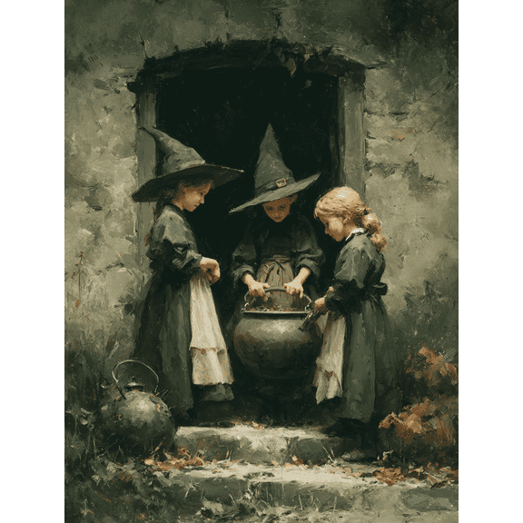 Three Witches Cauldron Medieval Village Canvas Gothic Halloween Home Bedroom Living Room Wall Decor Print