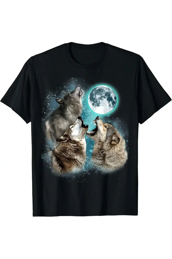 Three Wolf Moon Howling Head Funny Wolves Meme Humor Print Unisex T-Shirt, up to Size 5XL