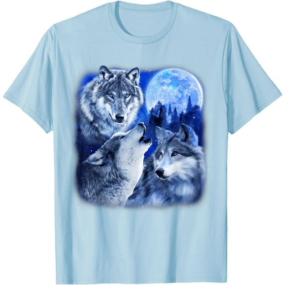 Three Wolves 3 Grey Wolf Howling At The Moon Wild Animal Unisex T-Shirt for Men Women Kids Toddler,Light Blue Color,Size YL