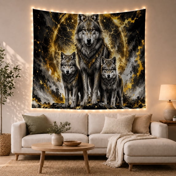 Three Wolves in Golden Halo Against Dark Swirling Background, Mystical Fantasy for Wildlife Fans, Nature Inspired Wall Art, Halloween Gift Tapestry Wall Hanging for Living Room and Bedroom