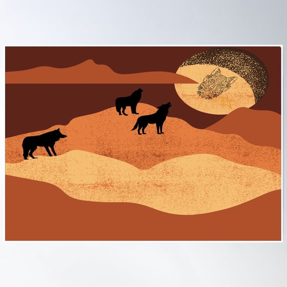 Three Wolves Howling At The Wolf Moon Poster Wall Art, Modern Wall Decor, 8x12 UNFRAMED