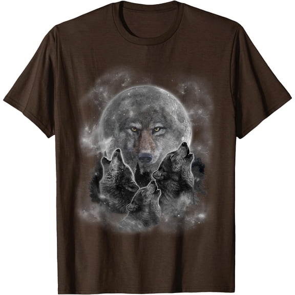 Three Wolves Howling Full Moon Wolf Silhouette Unisex T-Shirt for Men Women Kids Toddler,Dark Chocolate Color,Size 5XL