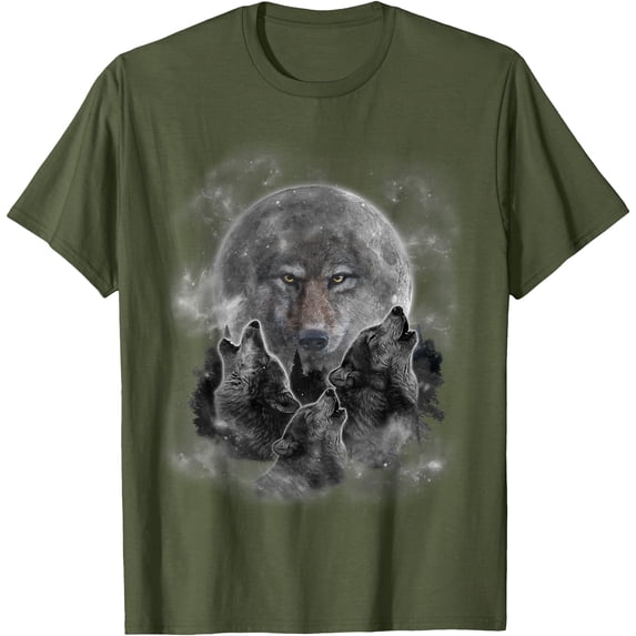 Three Wolves Howling Full Moon Wolf Silhouette Unisex T-Shirt for Men Women Kids Toddler,Military Green Color,Size XL