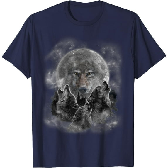 Three Wolves Howling Full Moon Wolf Silhouette Unisex T-Shirt for Men Women Kids Toddler,Navy Color,Size 5XL