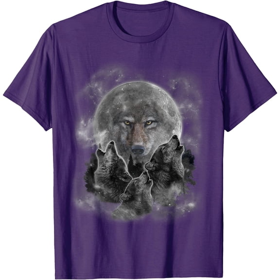 Three Wolves Howling Full Moon Wolf Silhouette Unisex T-Shirt for Men Women Kids Toddler,Purple Color,Size 2XL