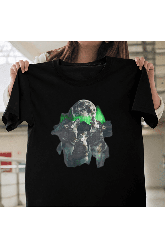 Three Wolves Howling Shirt Full Moon Nature Northern Lights Forest Unisex T-ShirtPlus Size S–5XL Available
