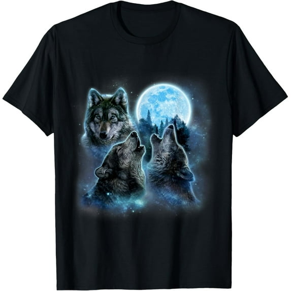 Three Wolves Howling at Icy Full Moon T-Shirt – Gray Wolf Nature Art Tee for Animal Lovers