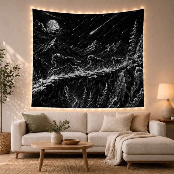 Three Wolves Leaping on Rocky Ledge Against Moonlit Peaks, Adventurous Fantasy for Wildlife Enthusiasts, Mystical Mountain Scene Art, Housewarming Gift, Tapestry Wall Hanging for Bedroom and Dorm
