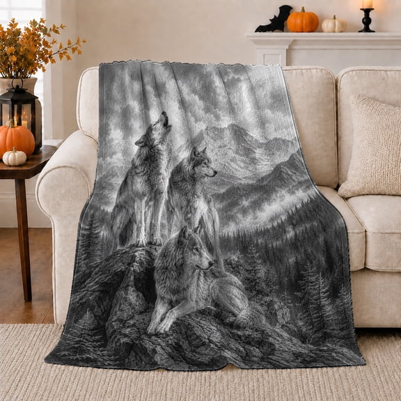 Three Wolves on Misty Mountain Ridge, Detailed Wildlife Illustration Style for Wolf Lovers, Forest Wilderness Art and Birthday Gift, Cozy Flannel Blanket for Living Room and Bedroom, Home Decor