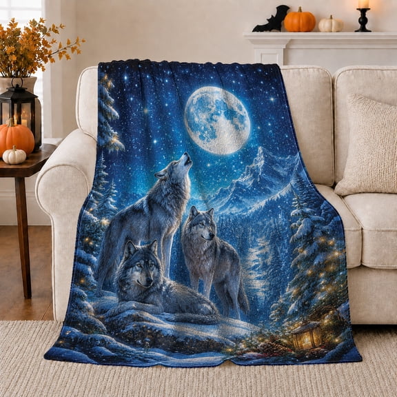 Three Wolves In Moonlit Snowy Mountain Forest, Cozy Flannel Blanket with Moonlit Wildlife Illustration Print, Housewarming Gift for Wolf Winter Enthusiasts, Home Decor for Bedroom and Living Room
