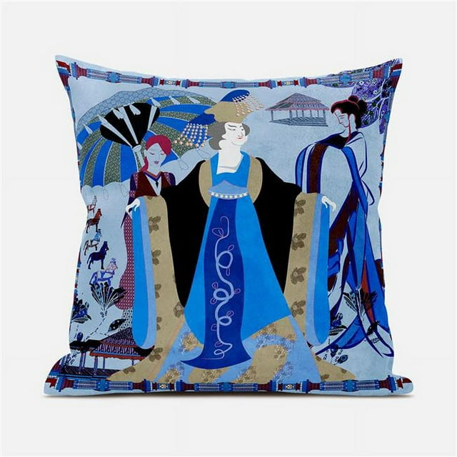 Three Women Indoor/Outdoor Pillow with Removable Cover in Blue Beige Red26x26