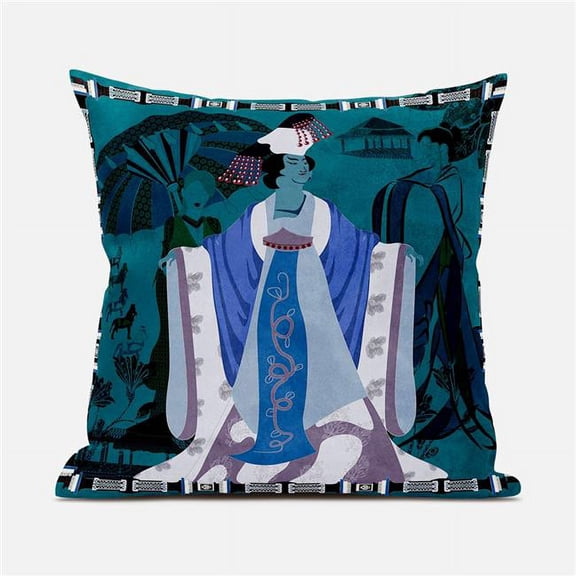 Three Women Indoor/Outdoor Pillow with Removable Cover in Green Blue Purple16x16