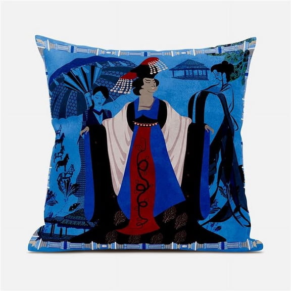 Three Women Throw Pillow with Removable Cover in Blue Red Brown 18x18